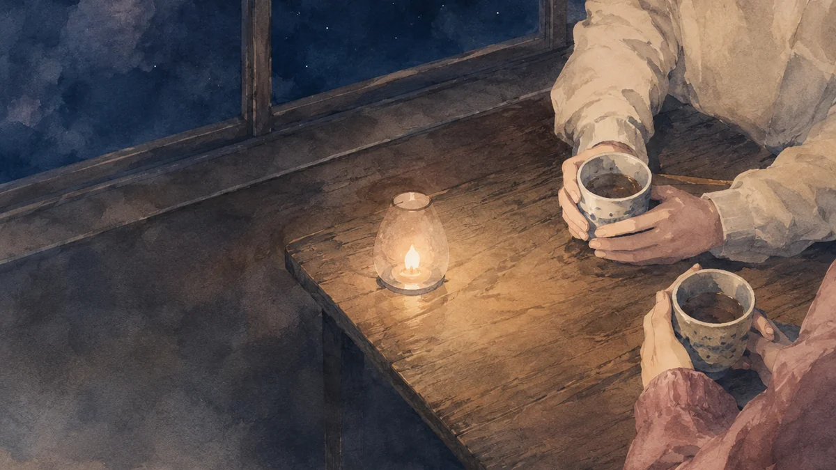夜のテーブルを挟んで向かい合う二人の肩から下と二つの湯呑み