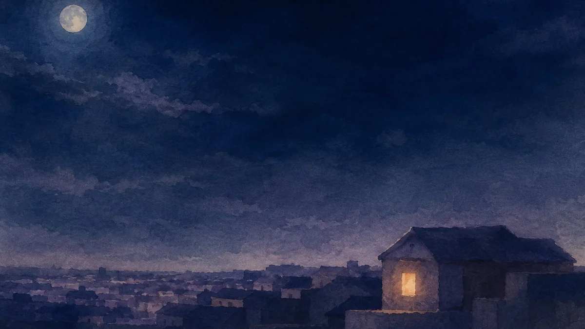 夜の家並みと、ひとつだけ灯りのついた窓
