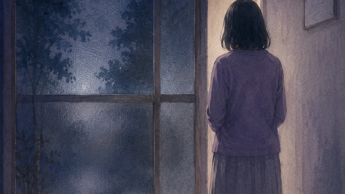 夜の玄関で立ち止まる人の後ろ姿と、そろえられた小さな靴
