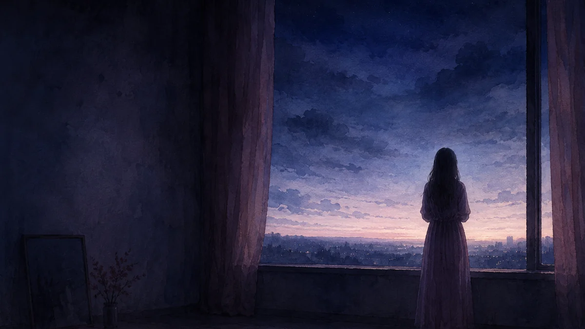 夜明け前の窓辺に一人で立つ人の後ろ姿と、白みはじめた空