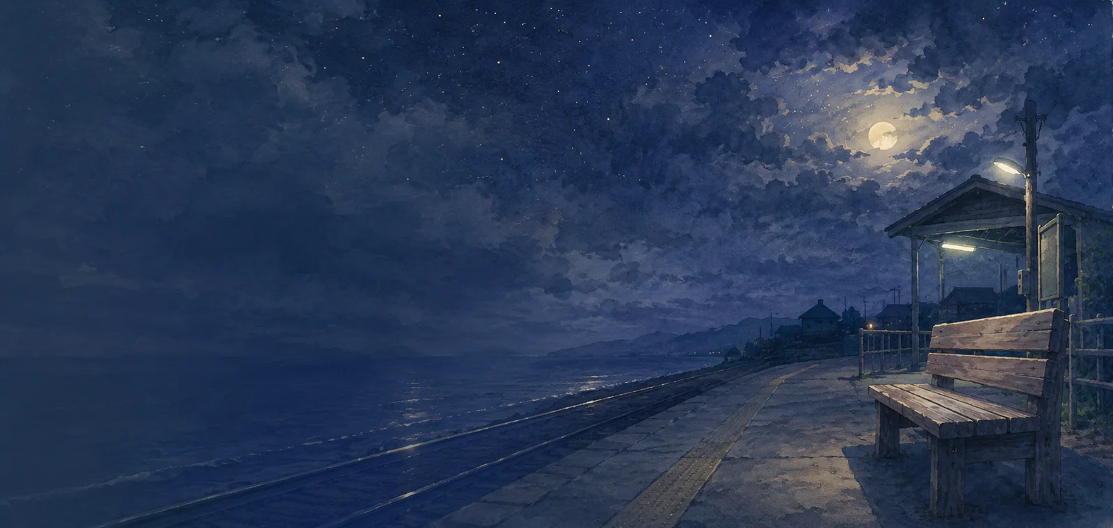 夜のホームの端に置かれた木のベンチと雲間の月