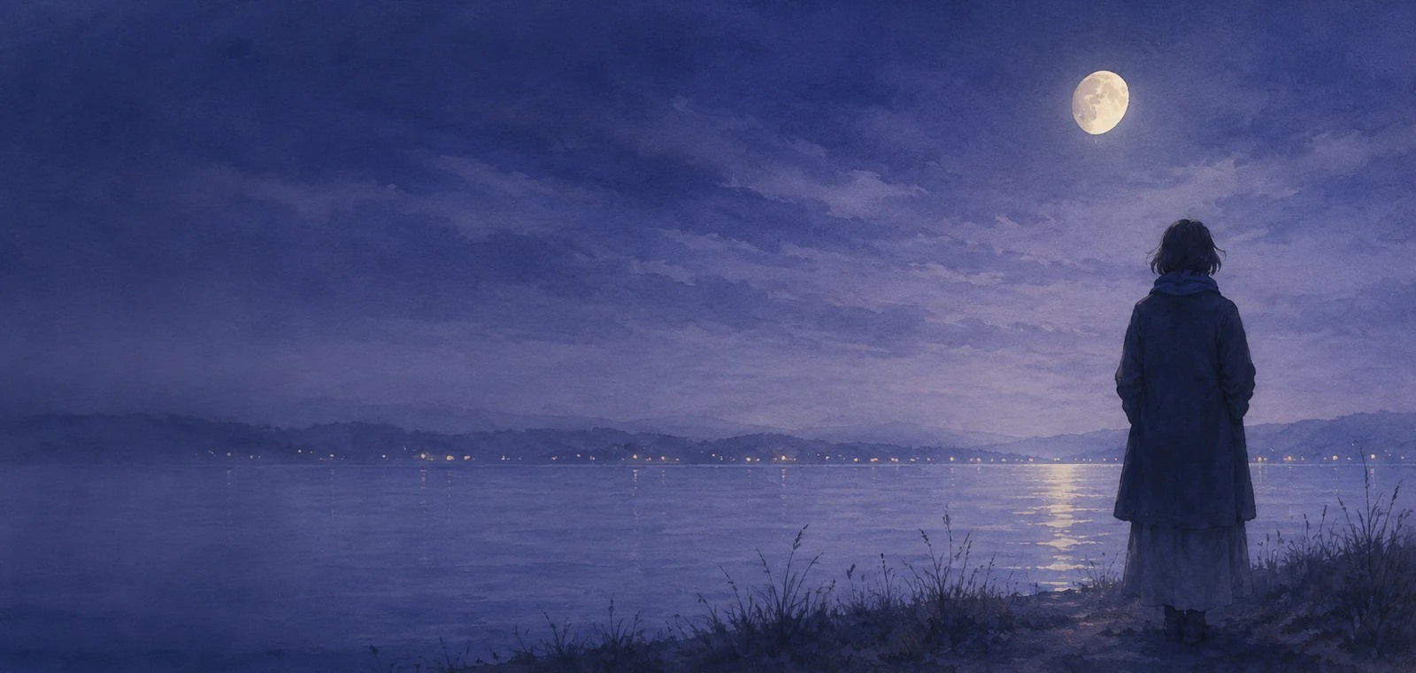 夜の水辺の岸に立つ一人の後ろ姿と対岸の灯りと満ちかけの月