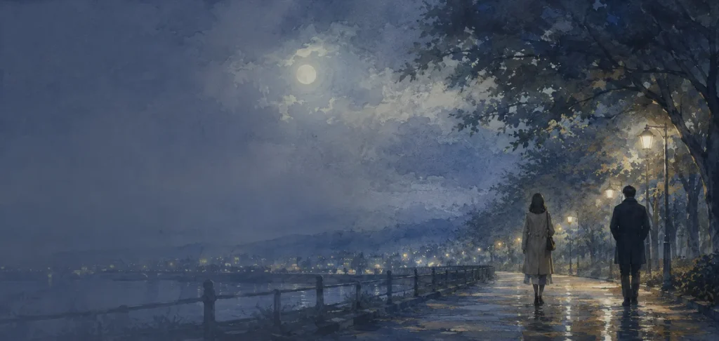 夜の並木道を距離をあけて歩く二人と雲間の月