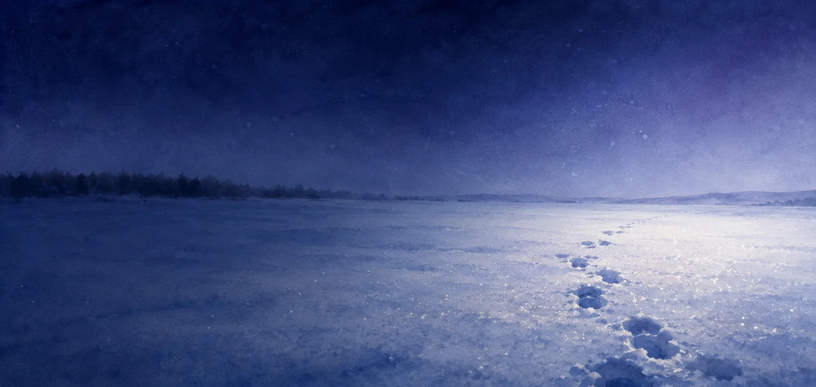 夜の雪の上で途切れる足跡