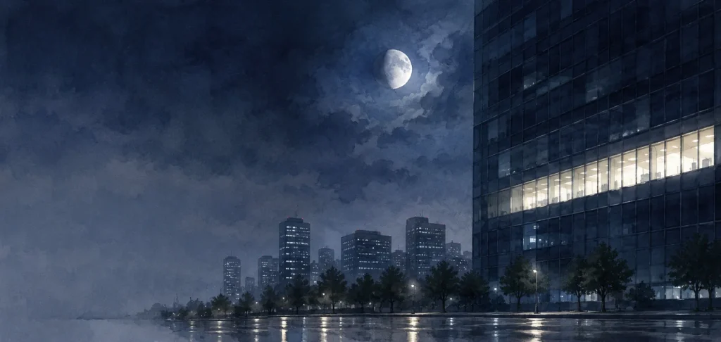 夜のビルの一つの階だけ灯った窓の列