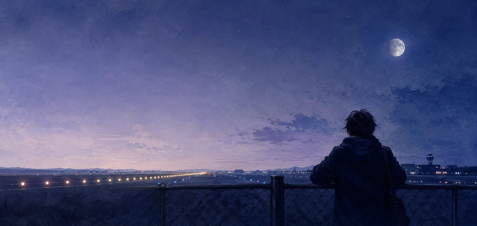 夜のフェンス越しに立つ一人の後ろ姿と誘導灯