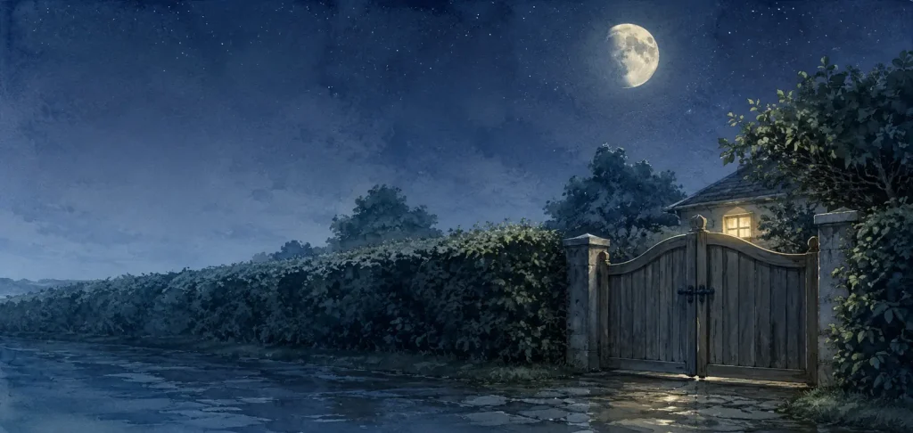 夜の生垣と閉じたままの低い木の門扉と満ちかけの月