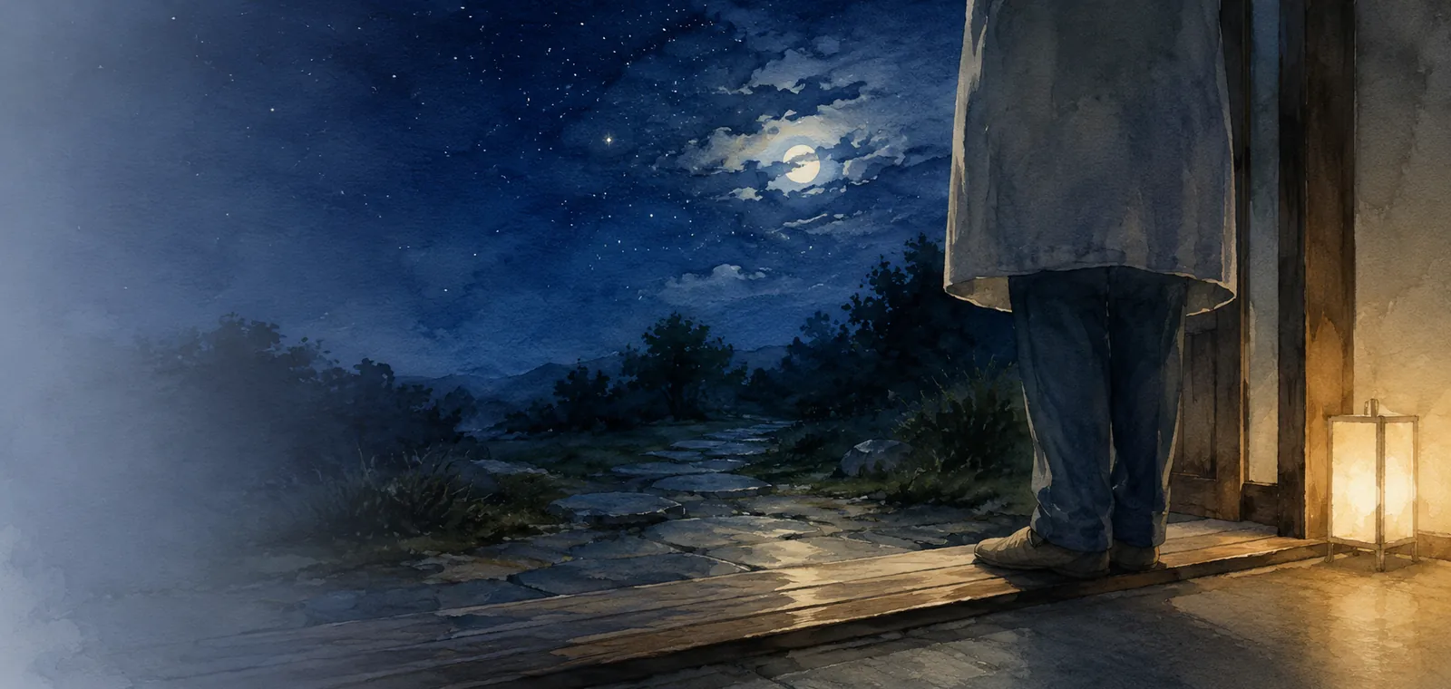 星の散る夜の玄関の敷居に立つ人の足元