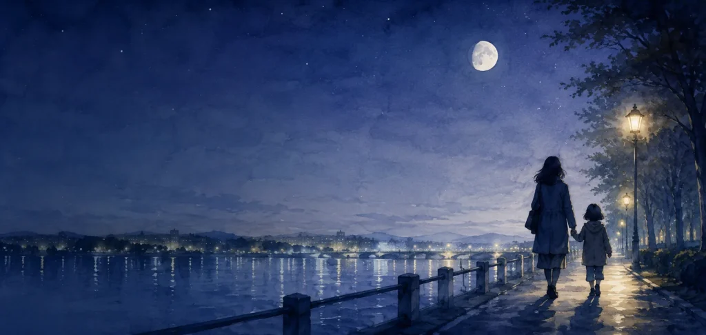 夜の川沿いを手をつないで歩く大小の影と満ちかけの月