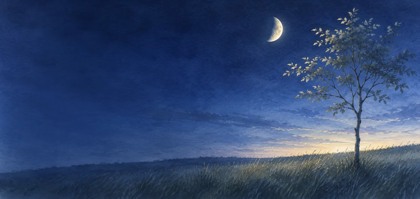 夜のいちばん深い時刻の野の一本の細い木