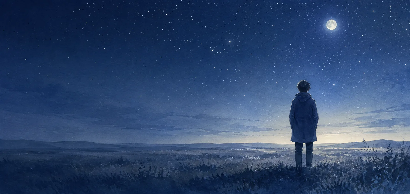 夜の野の中ほどに立つ一人の後ろ姿と明るい星