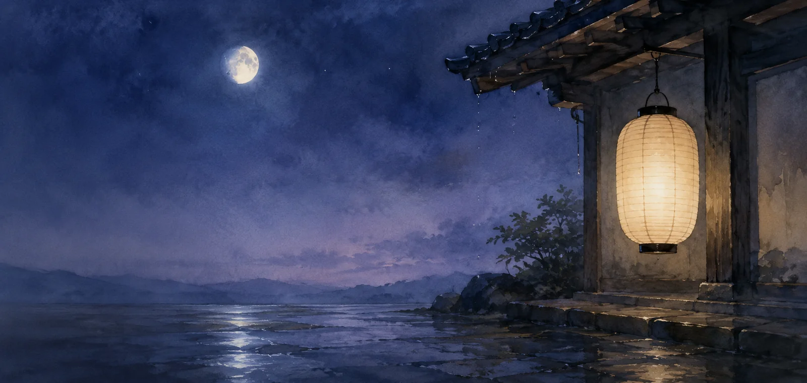 雨あがりの夜の軒下に灯る一つの提灯