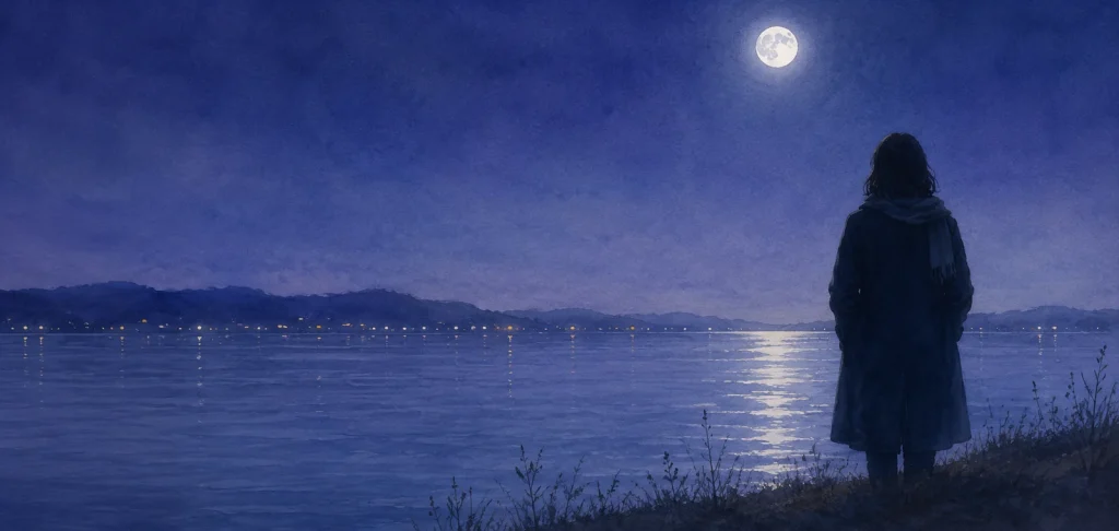 夜の水辺の岸に立つ一人の後ろ姿と対岸の灯りと高い月