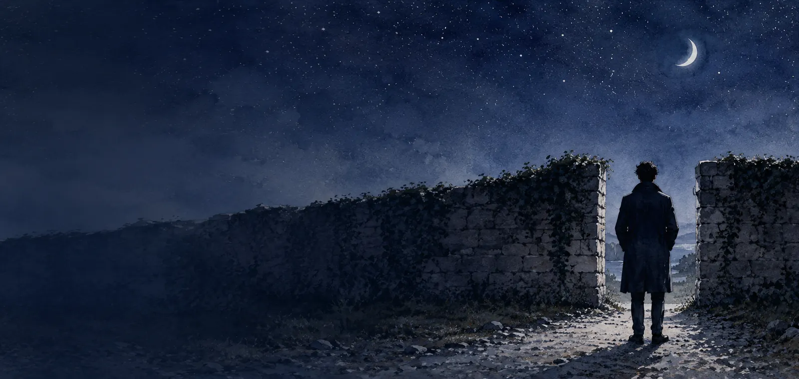 星の散る夜の石塀の切れ目の手前に立つ一人の後ろ姿