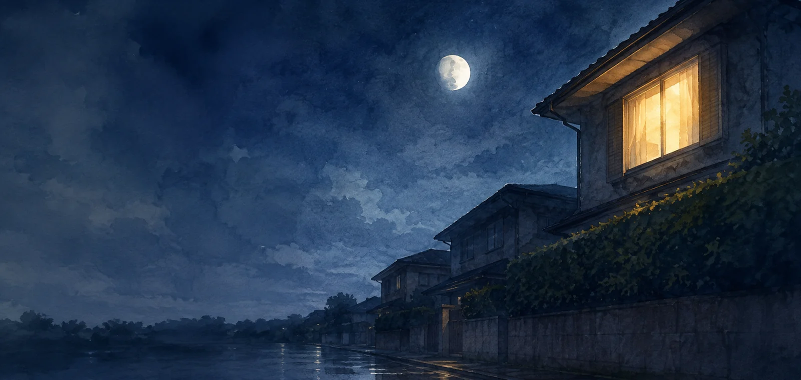 夜の家並みに一つだけ灯った二階の窓と満ちかけの月