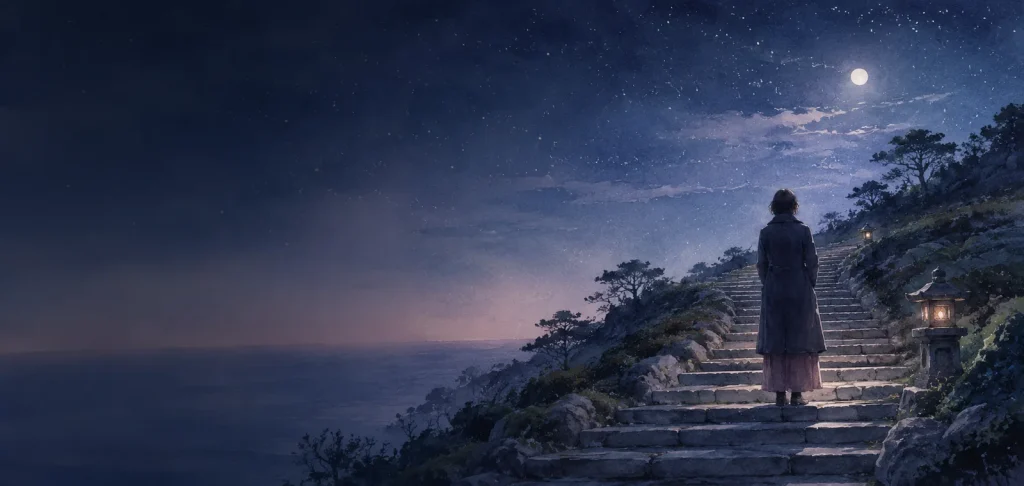 星の散る夜の石段の途中で立ち止まる一人の後ろ姿