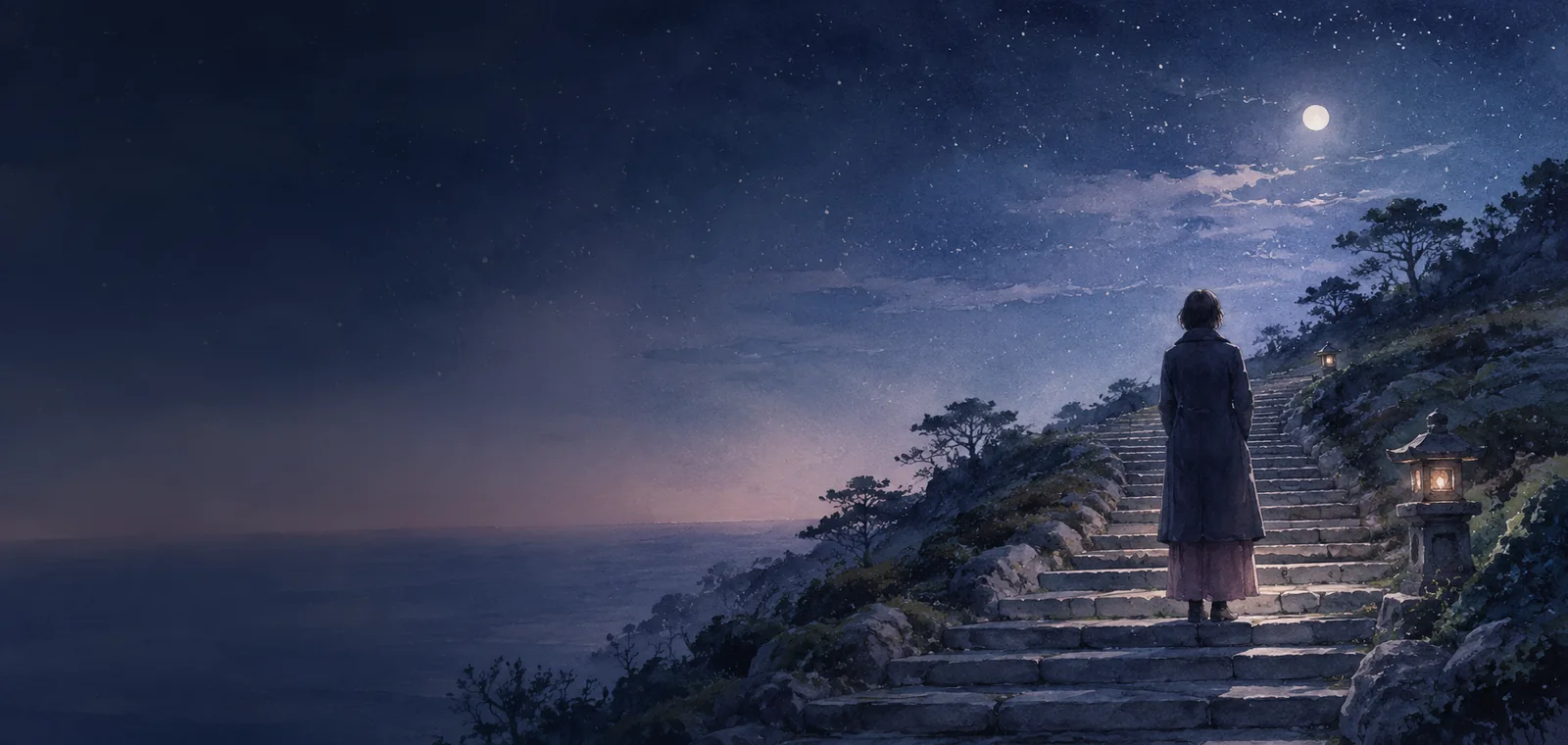 星の散る夜の石段の途中で立ち止まる一人の後ろ姿