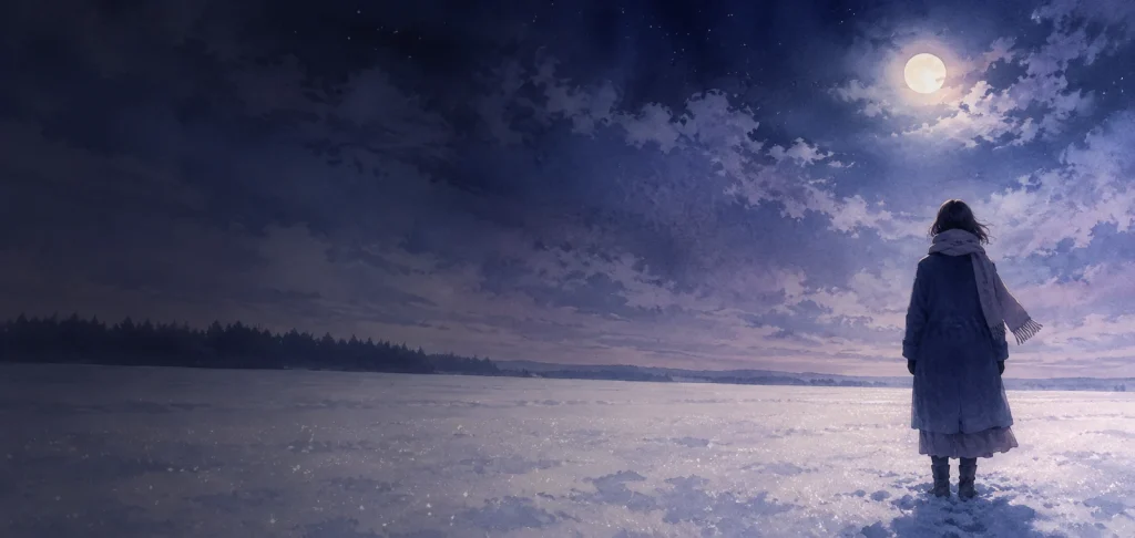夜の雪あかりの野に立つ一人の後ろ姿