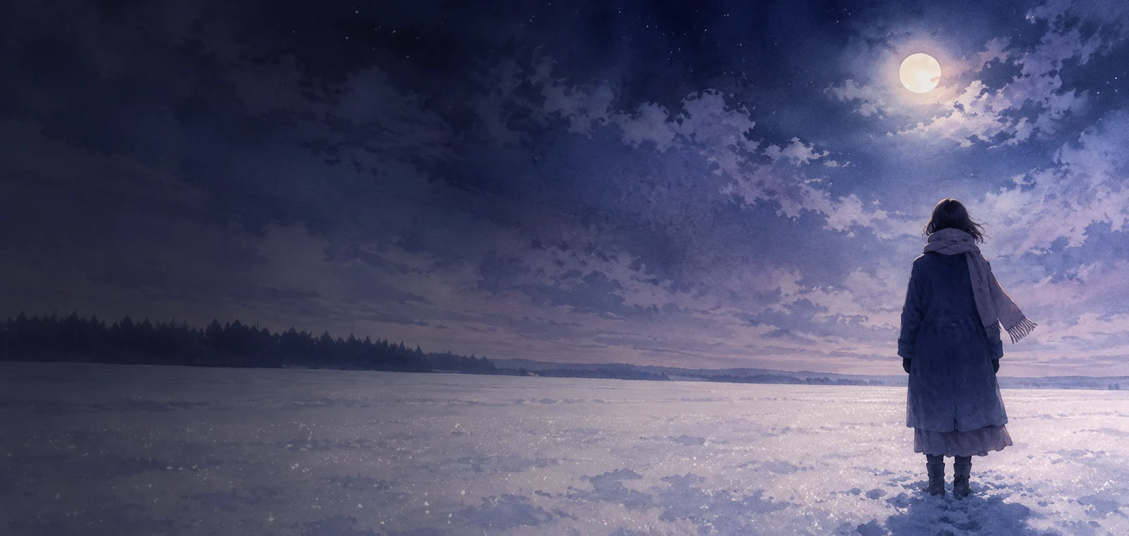 夜の雪あかりの野に立つ一人の後ろ姿