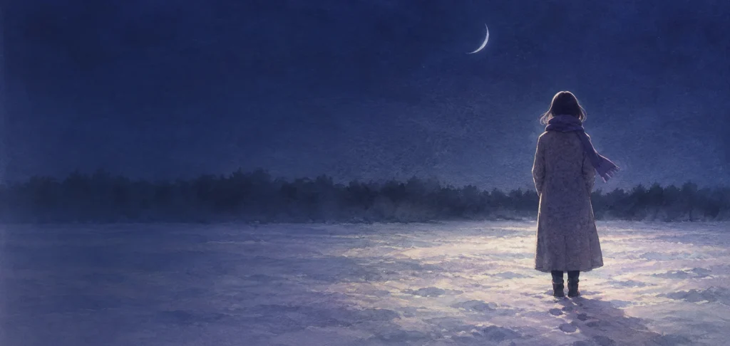 夜の雪あかりの野に立つ一人の後ろ姿と細い月