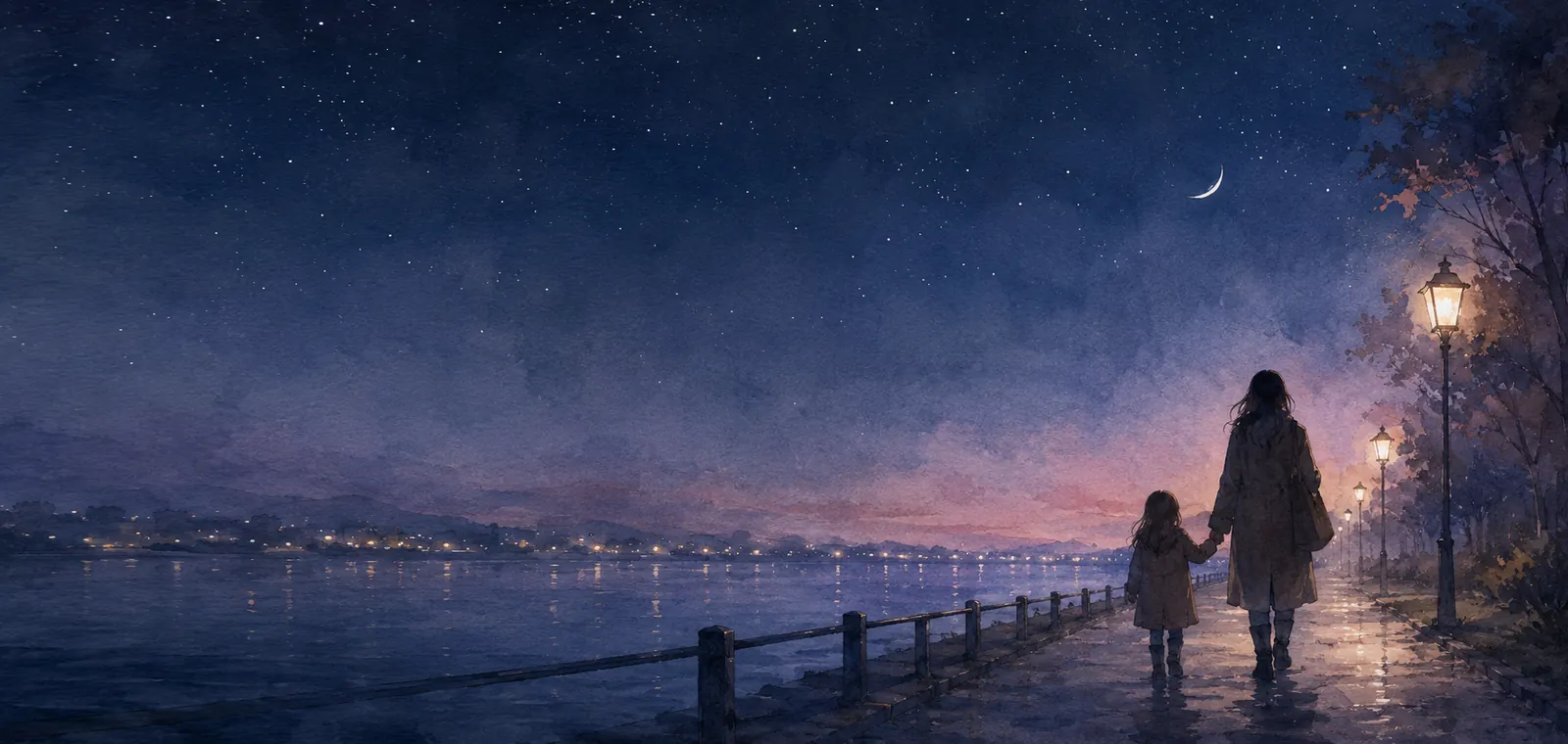 星の散る夜の川沿いを手をつないで歩く大小の影