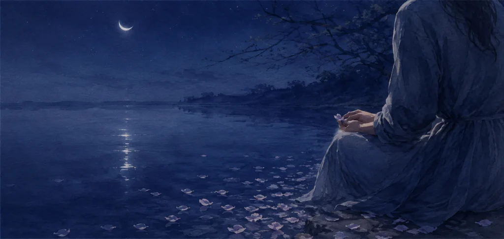夜の水面を見つめる人の手元と細い月