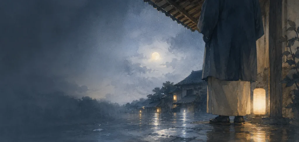 雨あがりの夜の軒下に立つ人の肩から下