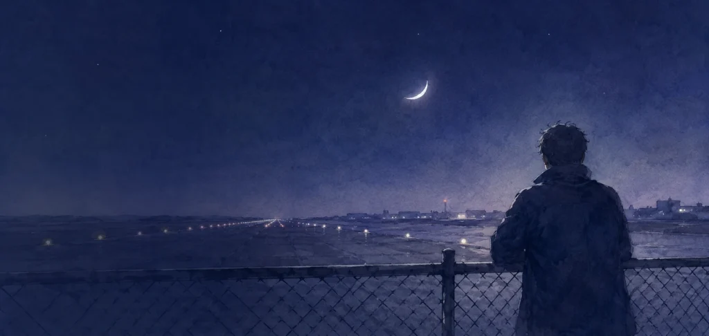 夜のフェンス越しに立つ一人の後ろ姿と誘導灯と細い月
