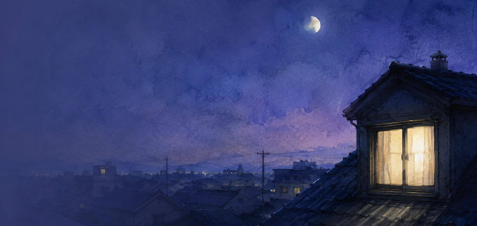 夜の街に灯る手前の窓と遠くのもう一つの窓