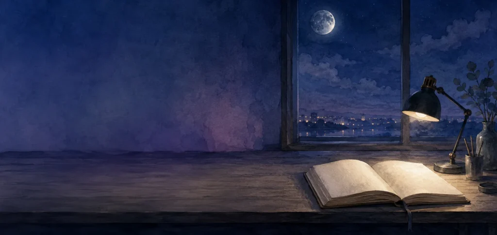 夜の広い机の端に開かれた一冊の手帳と満ちかけの月