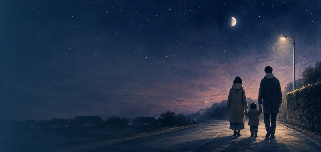 星の散る夜の帰り道を並んで歩く大人二人と小さな影