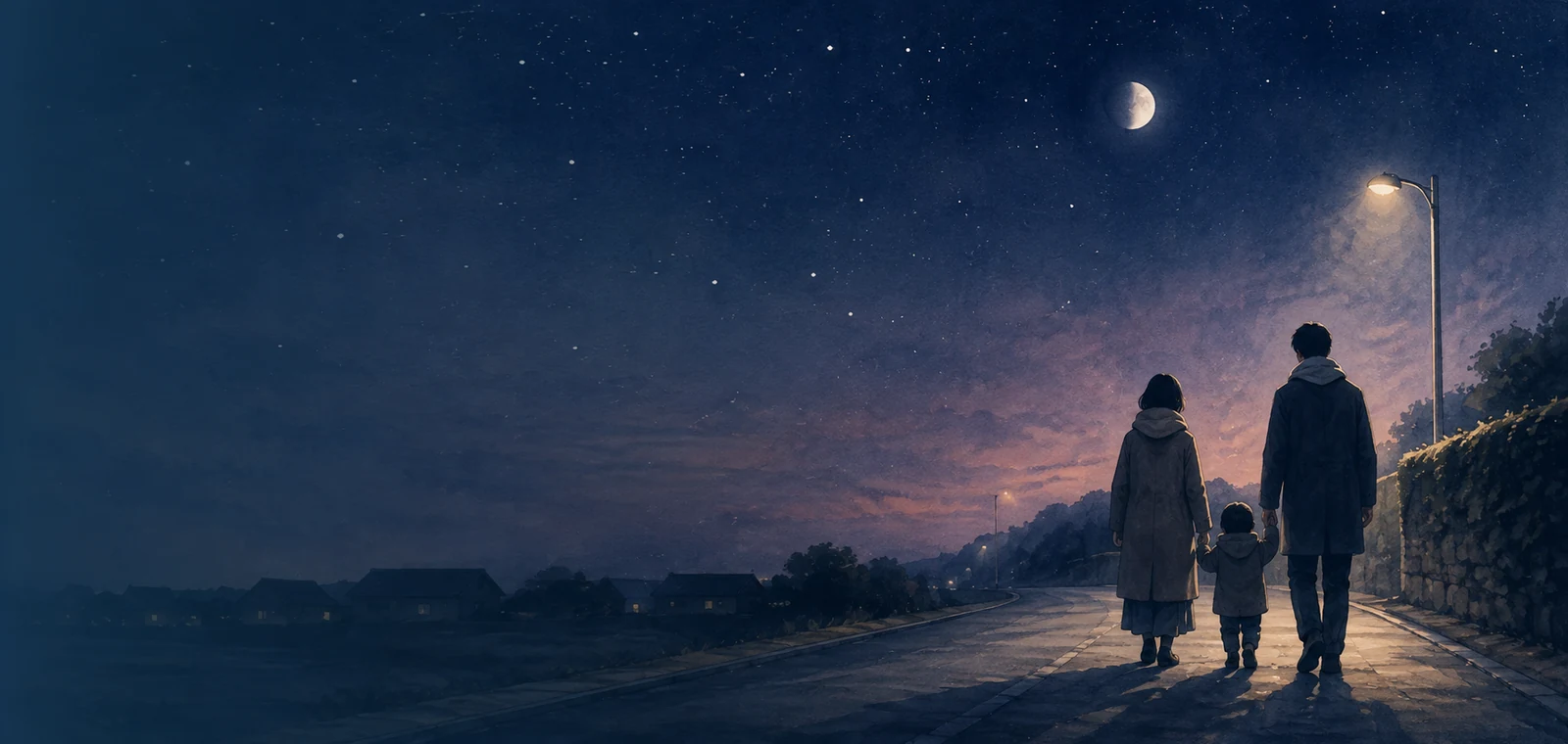 星の散る夜の帰り道を並んで歩く大人二人と小さな影