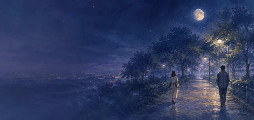 夜の並木道を距離をあけて歩く二人と満ちかけの月
