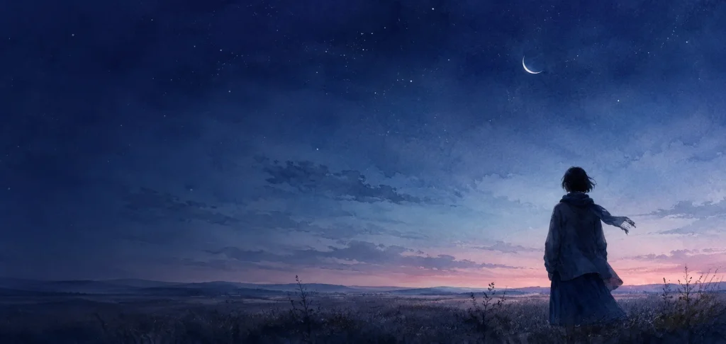 夜のいちばん深い時刻の野に立つ一人の後ろ姿と細い月