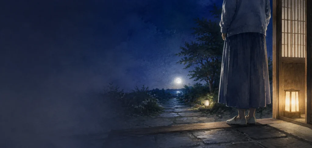 夜の玄関の敷居に立つ人の足元と低い月